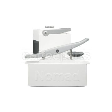 Close-up view of the Nomad Portable Espresso Machine highlighting its compact size and ergonomic handle.