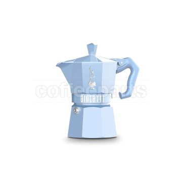 Light blue Bialetti 3 Cup Moka Exclusive, classic stovetop design.