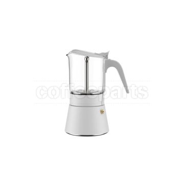 Elegant Joy Resolve ClearBrew Moka Pot White, 240ml capacity.