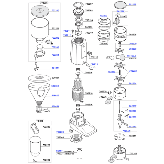 Fiorenzato - Model T80A-T80E burrs and dosage chamber parts
