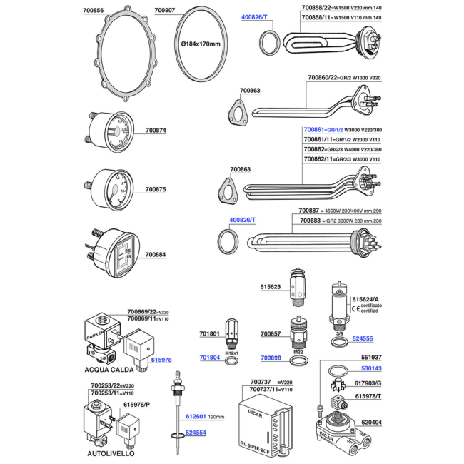 Pavoni - Elements, gauges and boiler components