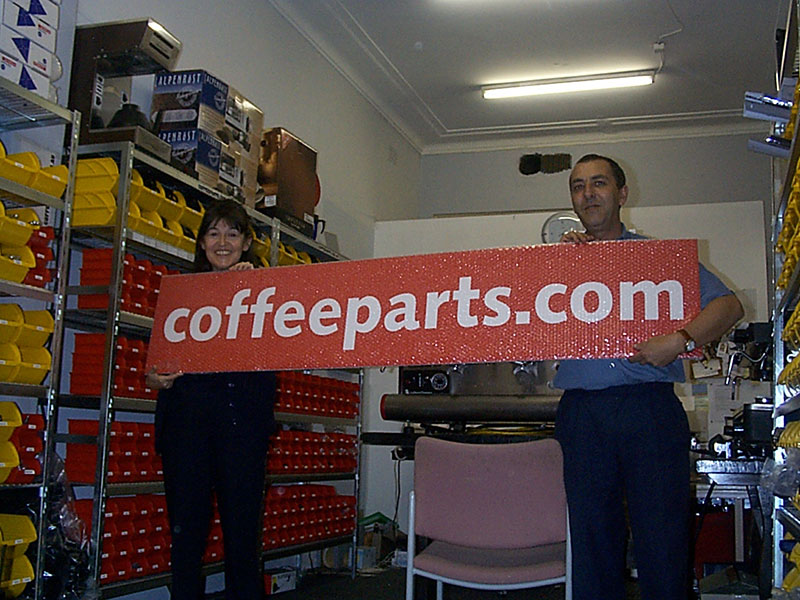 Dom and Cilinia with the original Coffee Parts sign